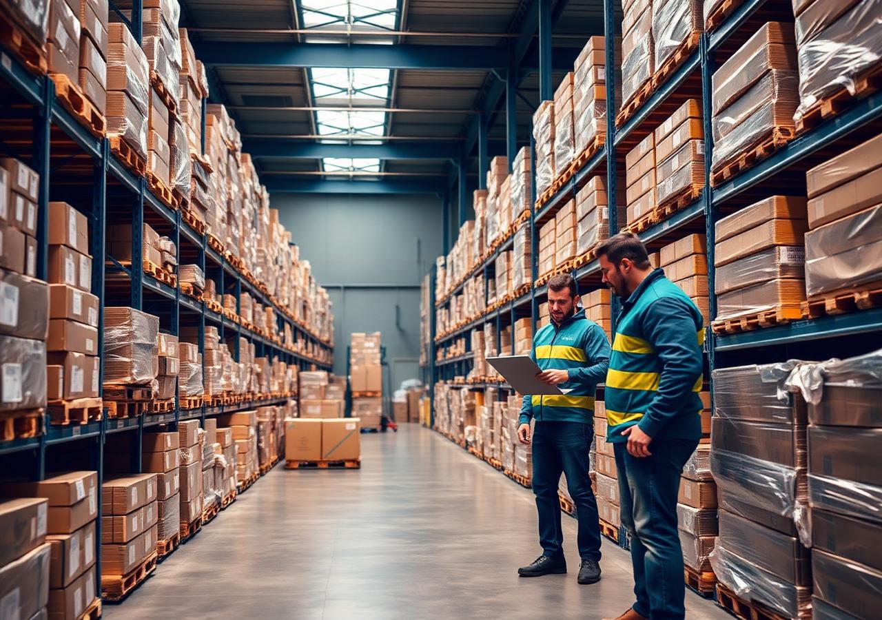Team reviewing surplus inventory in a modern warehouse
