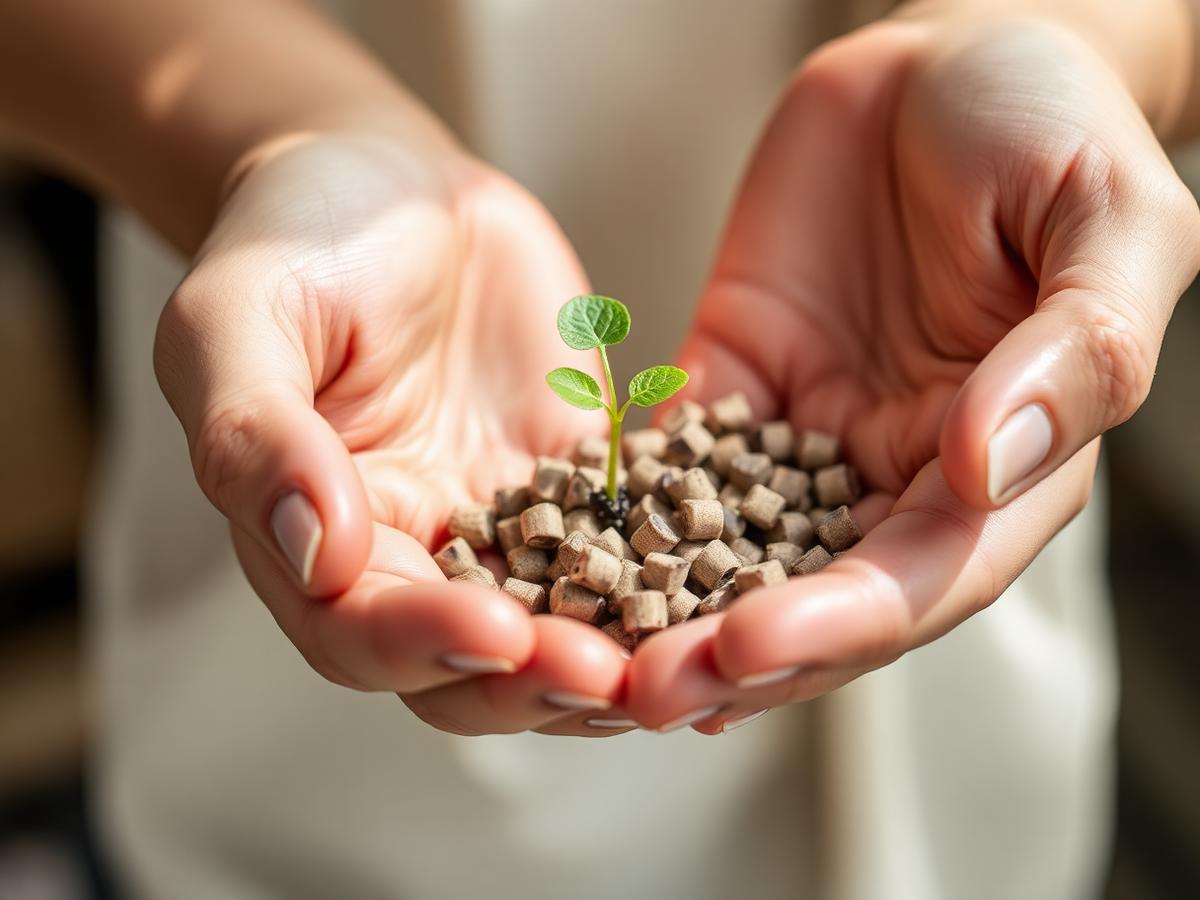 Hands holding a small green sprout growing from recycled material