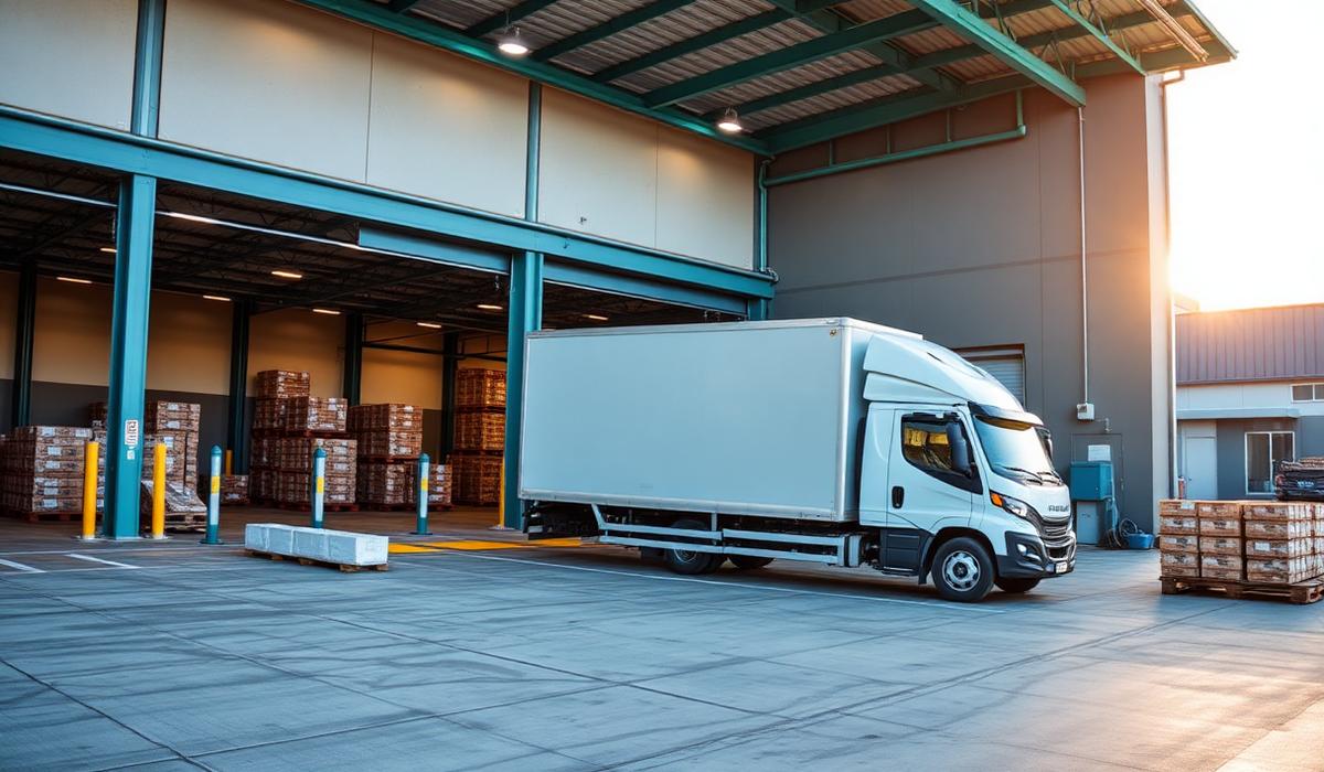 Delivery truck loading pallets at a sustainable warehouse